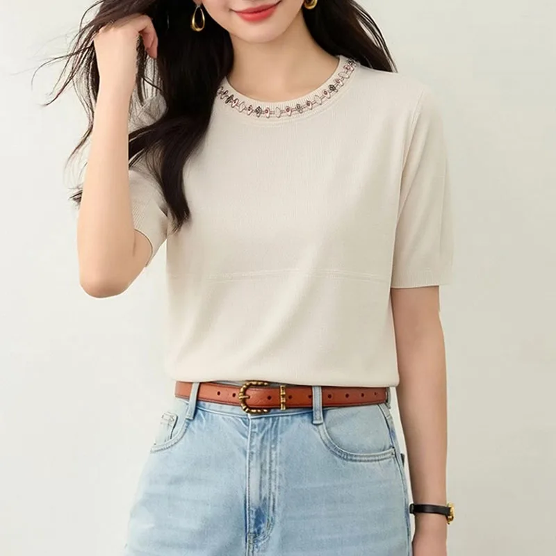 Sweaters New Summer O-Neck Knitted Sweater Women Pullovers Short Sleeve Beading Knit Sweater Pullover Women Tops Knitwears Q5119
Sweaters New Summer O-Neck Knitted Sweater Women Pullovers Short Sleeve Beading Knit Sweater Pullover Women Tops Knitwears Q5119