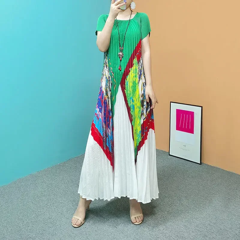 Summer Loose One-piece Pleated Printed Chiffon Long Dress Gradient O Neck Short Sleeved Lush A-line Ankle Long Dress
Summer Loose One-piece Pleated Printed Chiffon Long Dress Gradient O Neck Short Sleeved Lush A-line Ankle Long Dress