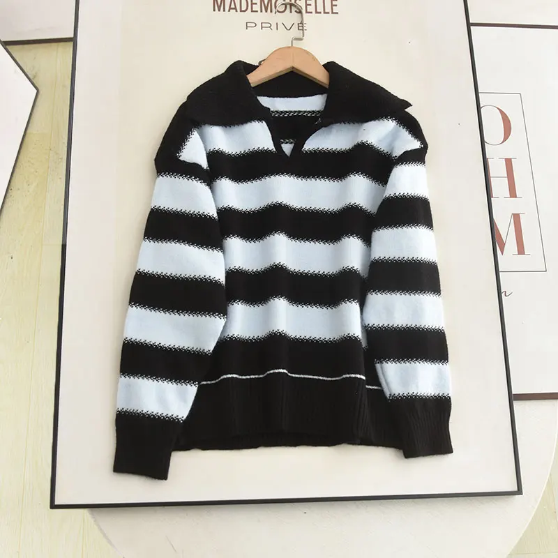 Модный вязаный свитер в полоску с большим воротником, свободного кроя, осенне-зимняя новинка, женский, с длинными рукавами, круглый вырез
Модный вязаный свитер в полоску с большим воротником, свободного кроя, осенне-зимняя новинка, женский, с длинными рукавами, круглый вырез