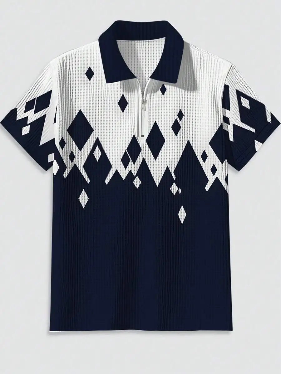 Men's Short Sleeve Waffle Knit Polo with Geometric Diamond Print, Zipper Collar, Summer Casual Wear
Men's Short Sleeve Waffle Knit Polo with Geometric Diamond Print, Zipper Collar, Summer Casual Wear