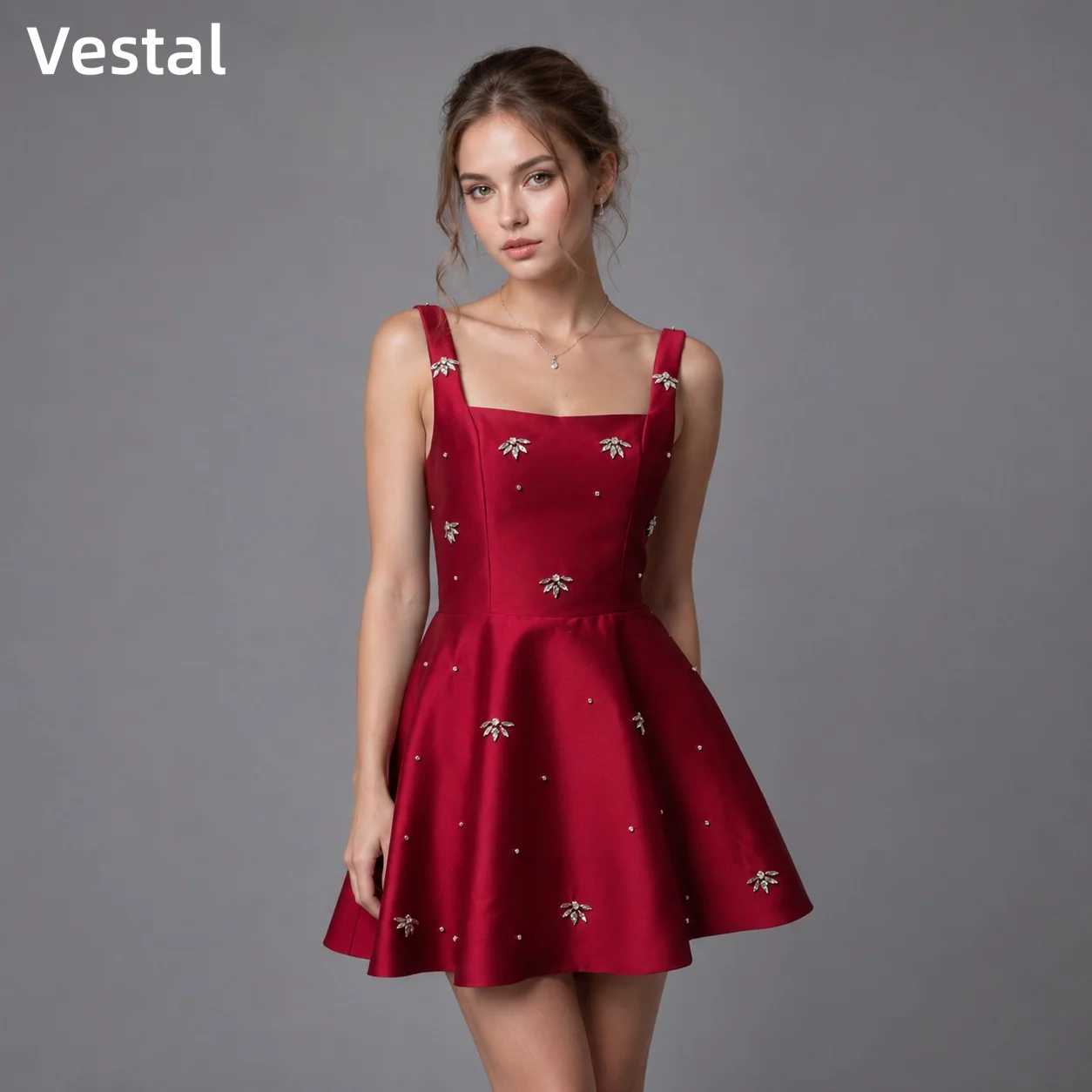 Vestal Red Square Neck Homecoming Dress with Bow Rhinestone Beaded Satin A-Line Mini Cocktail Dress Birthday Prom Customized
Vestal Red Square Neck Homecoming Dress with Bow Rhinestone Beaded Satin A-Line Mini Cocktail Dress Birthday Prom Customized