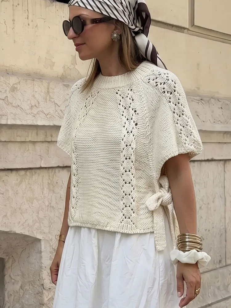 HH Trendy Womens White Knit Top O Neck Short Sleeve Pullover Sweater Side Bow Tie Hollow Out Casual Spring Elegant Party Tops
HH Trendy Womens White Knit Top O Neck Short Sleeve Pullover Sweater Side Bow Tie Hollow Out Casual Spring Elegant Party Tops
