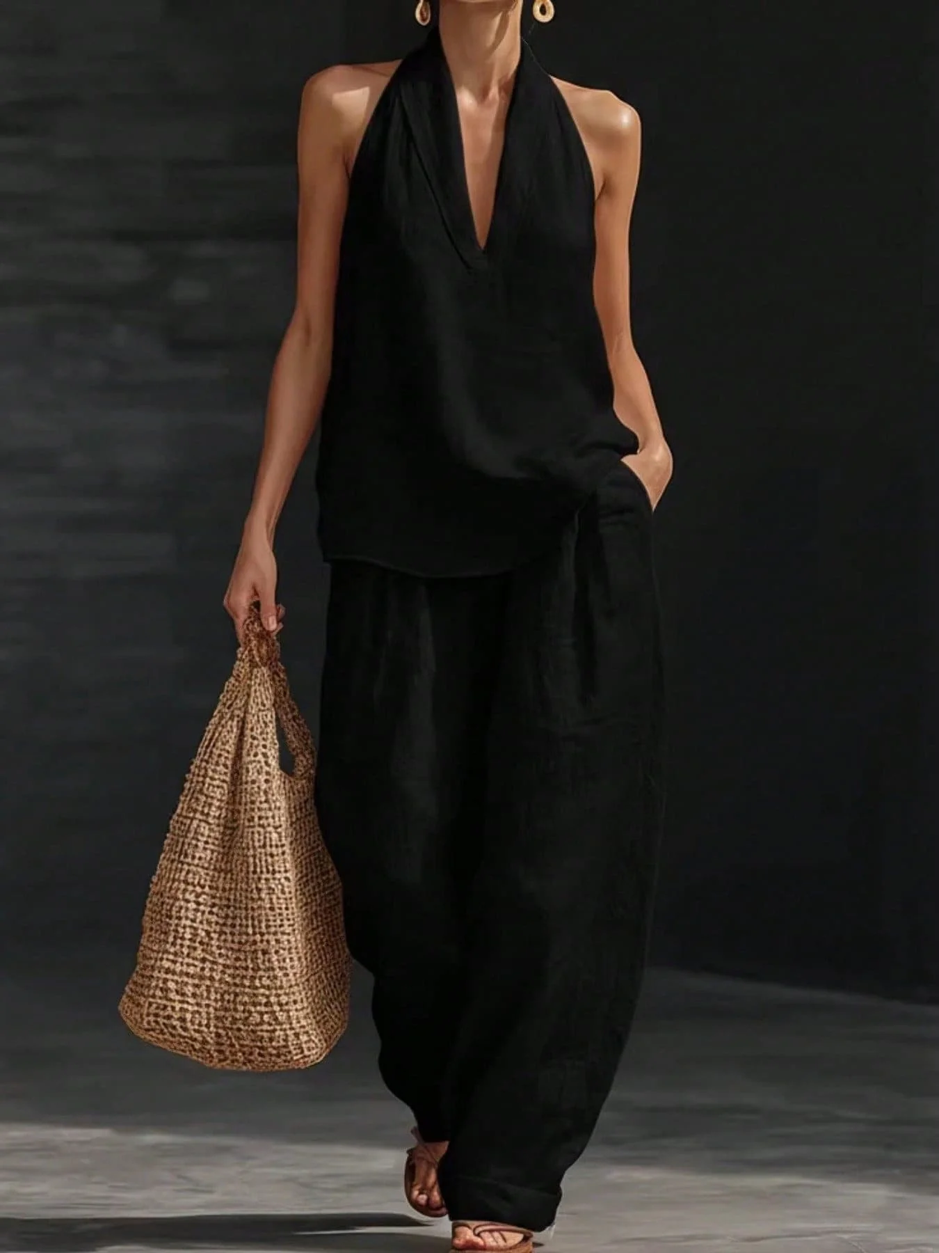 Women’s Halter Neck Sleeveless Top And Flowy Wide Leg Pants Set Solid Black Casual Summer Ensemble
Women’s Halter Neck Sleeveless Top And Flowy Wide Leg Pants Set Solid Black Casual Summer Ensemble