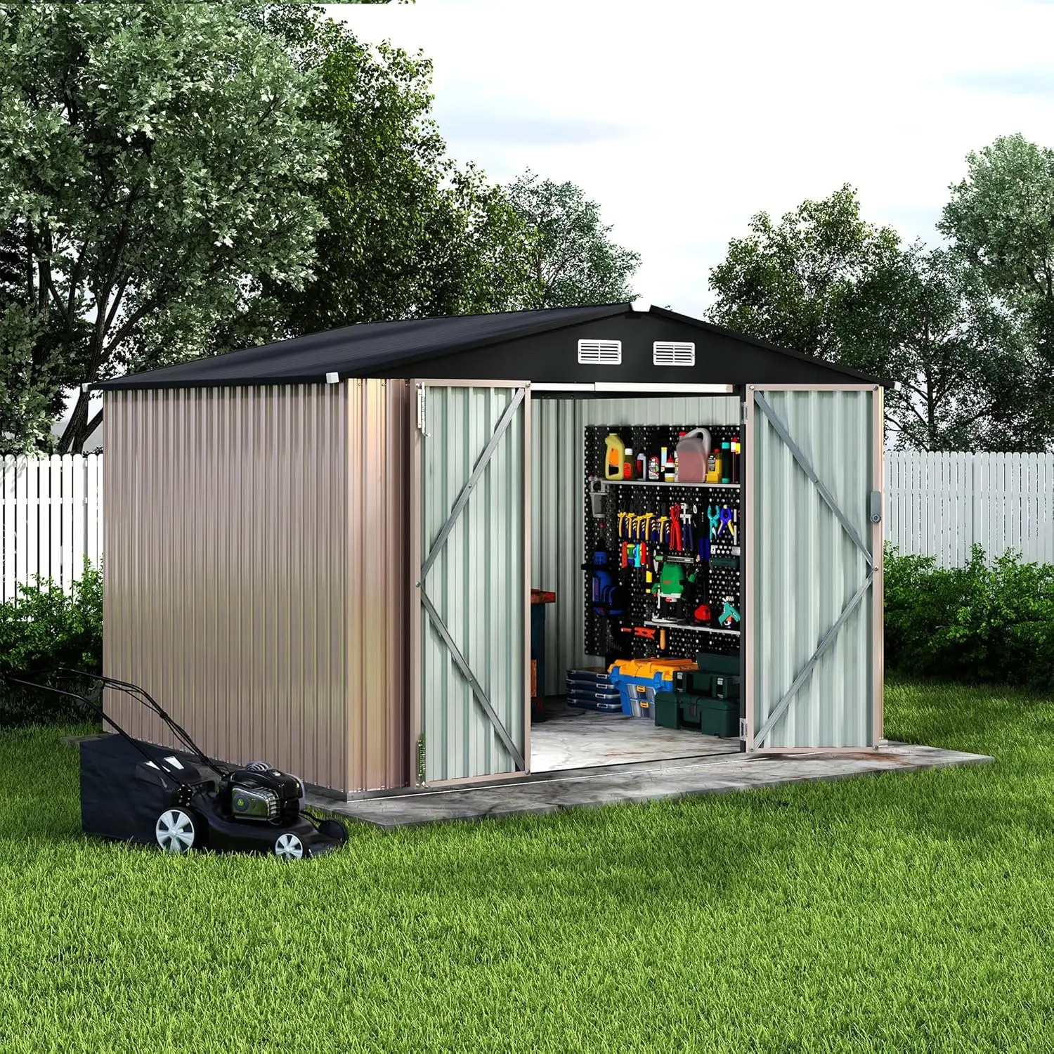 8x10FT Galvanized Steel Storage Shed Lockable Double Doors Weather-Resistant Backyard Patio Outdoor Tool Shed, Customized
8x10FT Galvanized Steel Storage Shed Lockable Double Doors Weather-Resistant Backyard Patio Outdoor Tool Shed, Customized