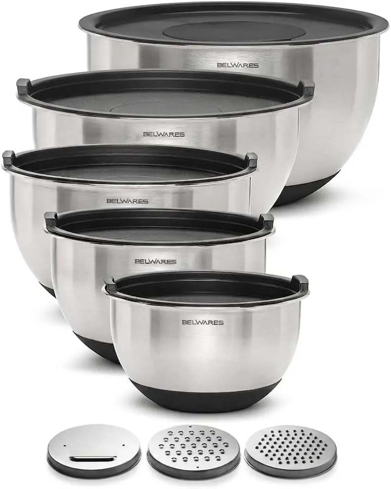 Stainless Steel Mixing Bowls with Lids Set of 5, Nesting Metal Bowls with Non Slip Bottoms and 3 Grater Attachments, Airtight
Stainless Steel Mixing Bowls with Lids Set of 5, Nesting Metal Bowls with Non Slip Bottoms and 3 Grater Attachments, Airtight