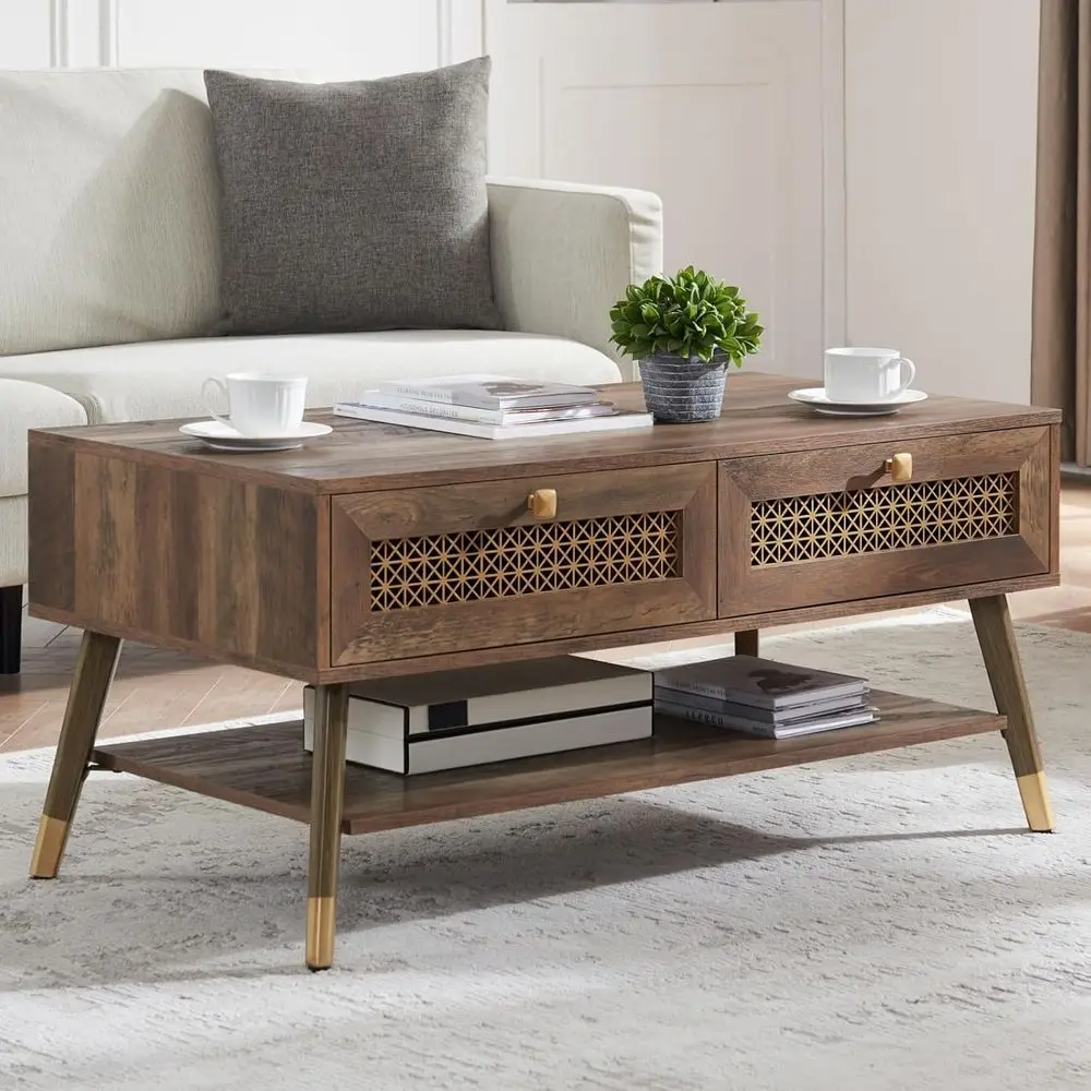 Solid Wooden Boho Coffee Table with Storage Drawers and Open Shelf, Rustic Oak Finish for Living Room, Office, or Lounge
Solid Wooden Boho Coffee Table with Storage Drawers and Open Shelf, Rustic Oak Finish for Living Room, Office, or Lounge