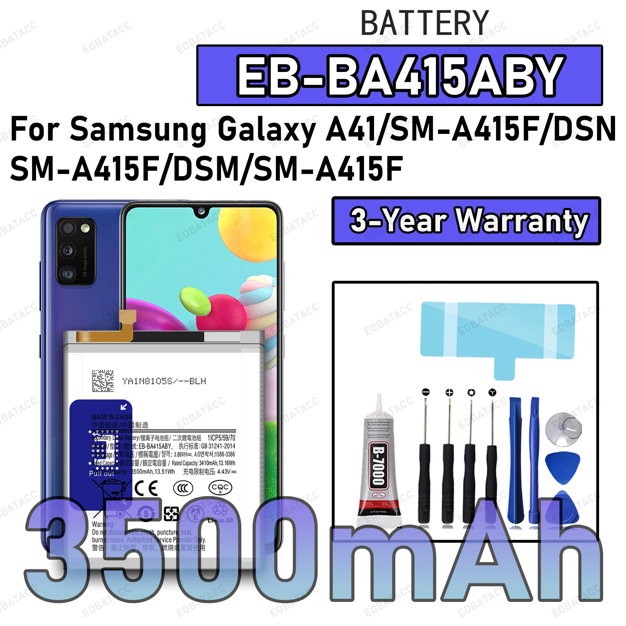 100% New High Quanlity EB-BA415ABY Battery For SAMSUNG GALAXY A41/SM-A415F/SM-A415F/DSN Replacement batteria+Free tools
100% New High Quanlity EB-BA415ABY Battery For SAMSUNG GALAXY A41/SM-A415F/SM-A415F/DSN Replacement batteria+Free tools