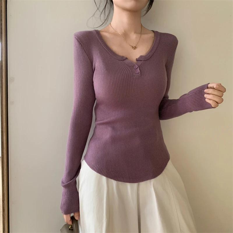 Slim Fit Long Sve Knitted Sweater Wool Blend Button Design Base Layer Top Early Autumn Street Sle round Ne Fine Yarn
Slim Fit Long Sve Knitted Sweater Wool Blend Button Design Base Layer Top Early Autumn Street Sle round Ne Fine Yarn