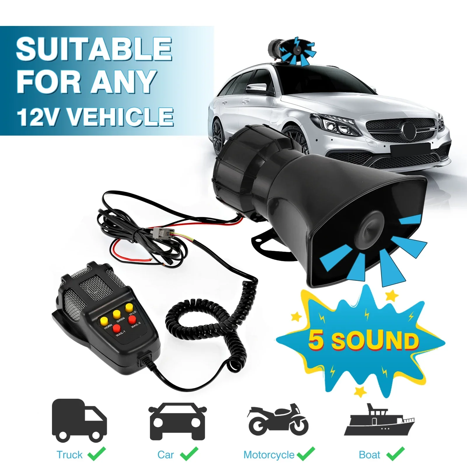 5 / 7 Sounds Universal Car Alarm Alarm Horn + Microphone System Kit 12V 100W Loud Police Fire Horn Siren PA Speaker MIC System
5 / 7 Sounds Universal Car Alarm Alarm Horn + Microphone System Kit 12V 100W Loud Police Fire Horn Siren PA Speaker MIC System