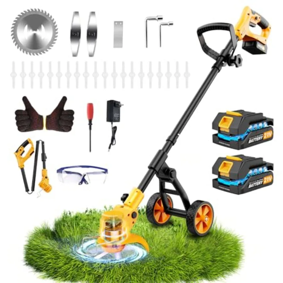 Cordless electric weed wacker with wheels for lawn care, yellow metal-blade 4-in-1 trimmer/brush cutter/edger/mower, no string,
Cordless electric weed wacker with wheels for lawn care, yellow metal-blade 4-in-1 trimmer/brush cutter/edger/mower, no string,