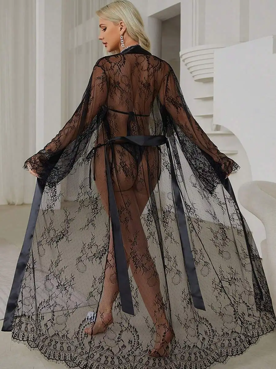 Black Lace Sheer Robe With Satin Tie Belt Long Sleepwear Gown For Women
Black Lace Sheer Robe With Satin Tie Belt Long Sleepwear Gown For Women