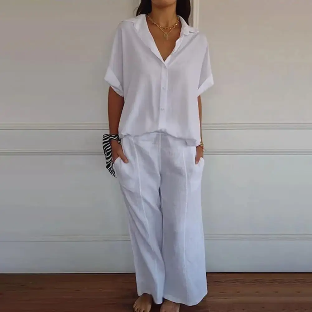 Casual Two-piece Set Women's Solid Color Shirt Pants Set with Turn-down Collar Short Sleeve Top Wide Leg Elastic for Commute
Casual Two-piece Set Women's Solid Color Shirt Pants Set with Turn-down Collar Short Sleeve Top Wide Leg Elastic for Commute