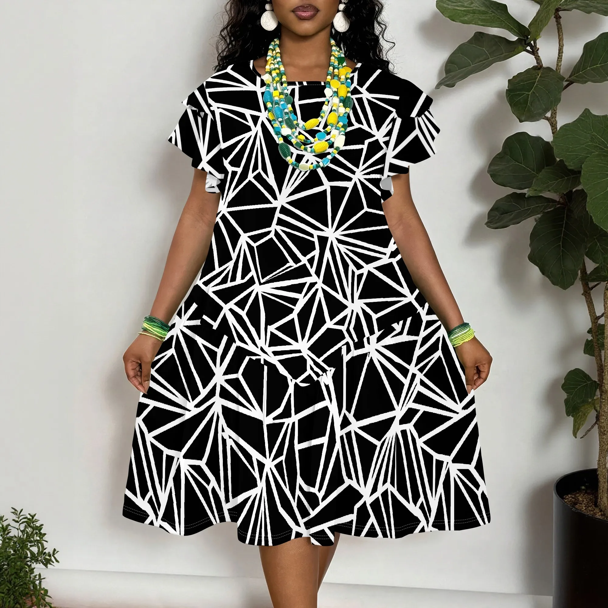 Geometric Print Dress, Short Sleeve A-Line Tunic, Black White Pattern, Casual Summer Wear for Women, XL-6XL
Geometric Print Dress, Short Sleeve A-Line Tunic, Black White Pattern, Casual Summer Wear for Women, XL-6XL