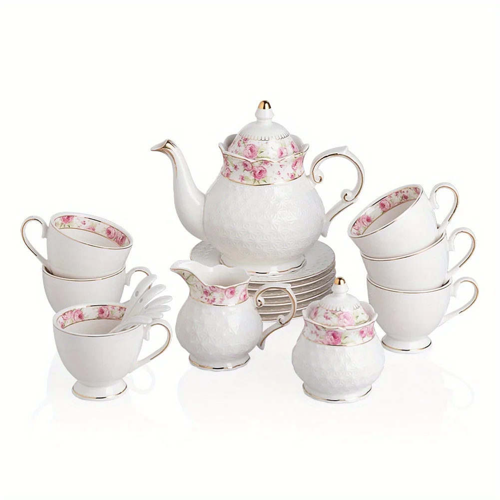 21pcs Porcelain Tea Set, Vintage British Floral Relief Golden Rimmed Teapot Cup And Saucer Set, Tea Set Service with Teapot, Sugar Bowl, Milk Jug, Spoons, Tea Cup And Saucer Set Of 6
21pcs Porcelain Tea Set, Vintage British Floral Relief Golden Rimmed Teapot Cup And Saucer Set, Tea Set Service with Teapot, Sugar Bowl, Milk Jug, Spoons, Tea Cup And Saucer Set Of 6