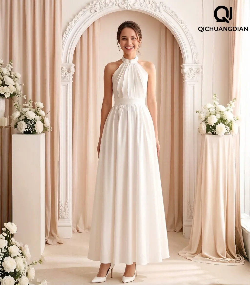 Customized Simple A-Line Halter Backless Sleeveless Evening Dress Korean Wedding Pleat Party Event Gown Rode De Morrie For Women
Customized Simple A-Line Halter Backless Sleeveless Evening Dress Korean Wedding Pleat Party Event Gown Rode De Morrie For Women