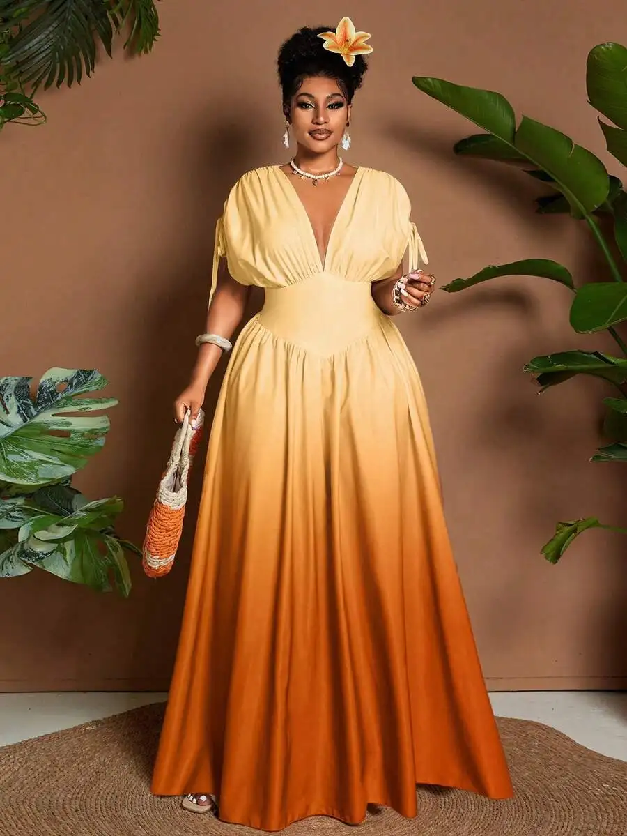 Plus Size Women Elegant Ombre V-Neck A-Line Maxi Dress With Tie Bow Sleeve For Beach Music Festival Spring Summer
Plus Size Women Elegant Ombre V-Neck A-Line Maxi Dress With Tie Bow Sleeve For Beach Music Festival Spring Summer