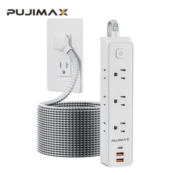 PUJIMAX Plug Power Strip 5FT Extension Cable, 5AC Outlets Electrical 3 USB Fast Charging, Wall Mount Smart Home Overload Protect
