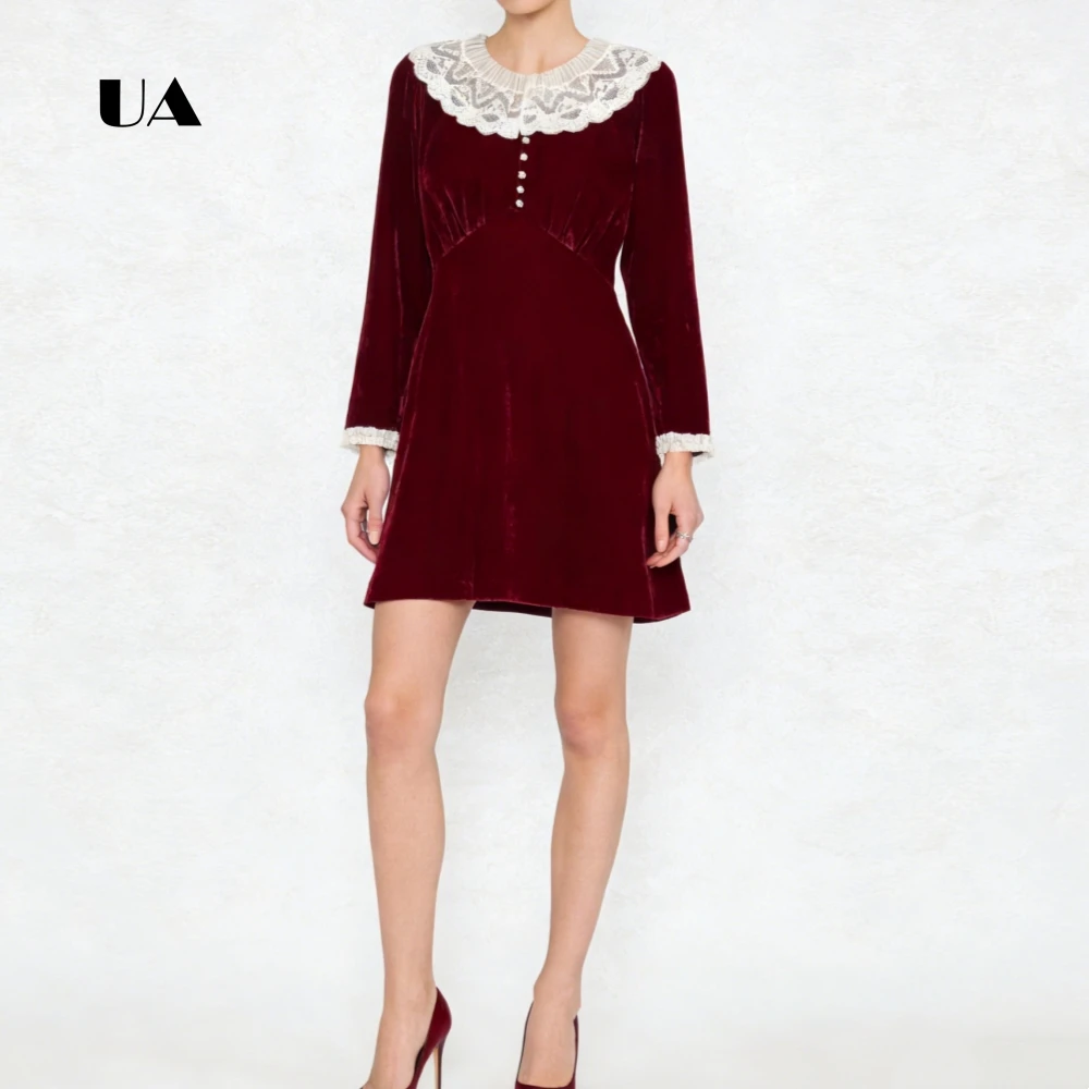 ULBYANRY Velvet Fit-and-flare Mini Dress with Crystal Button, Lace-trimmed O-neck Evening Dress, Elegant Customized Party Gown
ULBYANRY Velvet Fit-and-flare Mini Dress with Crystal Button, Lace-trimmed O-neck Evening Dress, Elegant Customized Party Gown