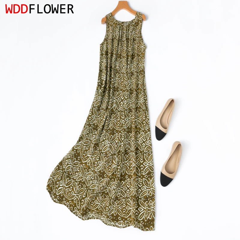 Women Silk Tank Dress 100% Mulberry Silk 16 Momme Olive Green Printed Sleeveless A-Line Long Type Midi Dress Summer M1307
Women Silk Tank Dress 100% Mulberry Silk 16 Momme Olive Green Printed Sleeveless A-Line Long Type Midi Dress Summer M1307