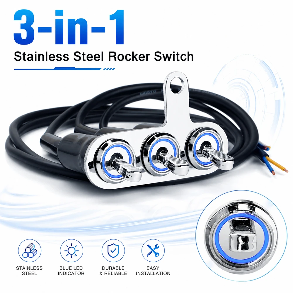 1/2/3-in-1 Stainless Steel Rocker Switch with Blue LED-Motorcycle Lights Flashing Control, Night Rider Switch