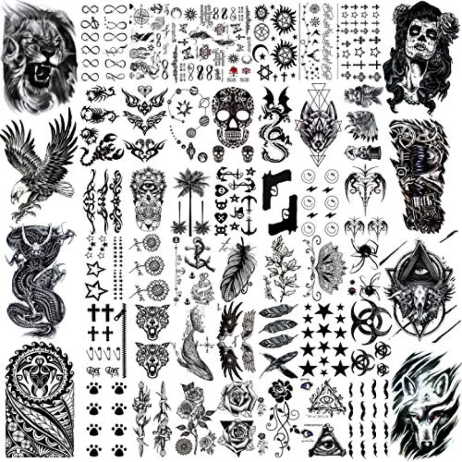 50 Sheets Black Temporary Tattoos For Men Adults Ealge Dragon Lion Wolf Animals For Women Neck Arm Thigh, Fake Small Skull Tatt
50 Sheets Black Temporary Tattoos For Men Adults Ealge Dragon Lion Wolf Animals For Women Neck Arm Thigh, Fake Small Skull Tatt