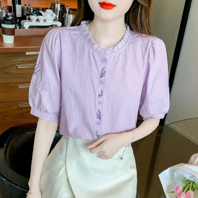 Women Elegant Slim Lace O-neck Puff Sleeve Shirts Summer Vintage Floral Embroidery Pure Cotton Thin Tops
Women Elegant Slim Lace O-neck Puff Sleeve Shirts Summer Vintage Floral Embroidery Pure Cotton Thin Tops
