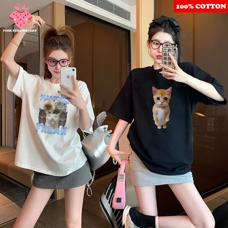 Funny Cute Cat Print T-Shirt Women's Summer 2025 New 100% Cotton Short Sleeve white t-shirt Y2k Casual Top Fashion women's clot
Funny Cute Cat Print T-Shirt Women's Summer 2025 New 100% Cotton Short Sleeve white t-shirt Y2k Casual Top Fashion women's clot