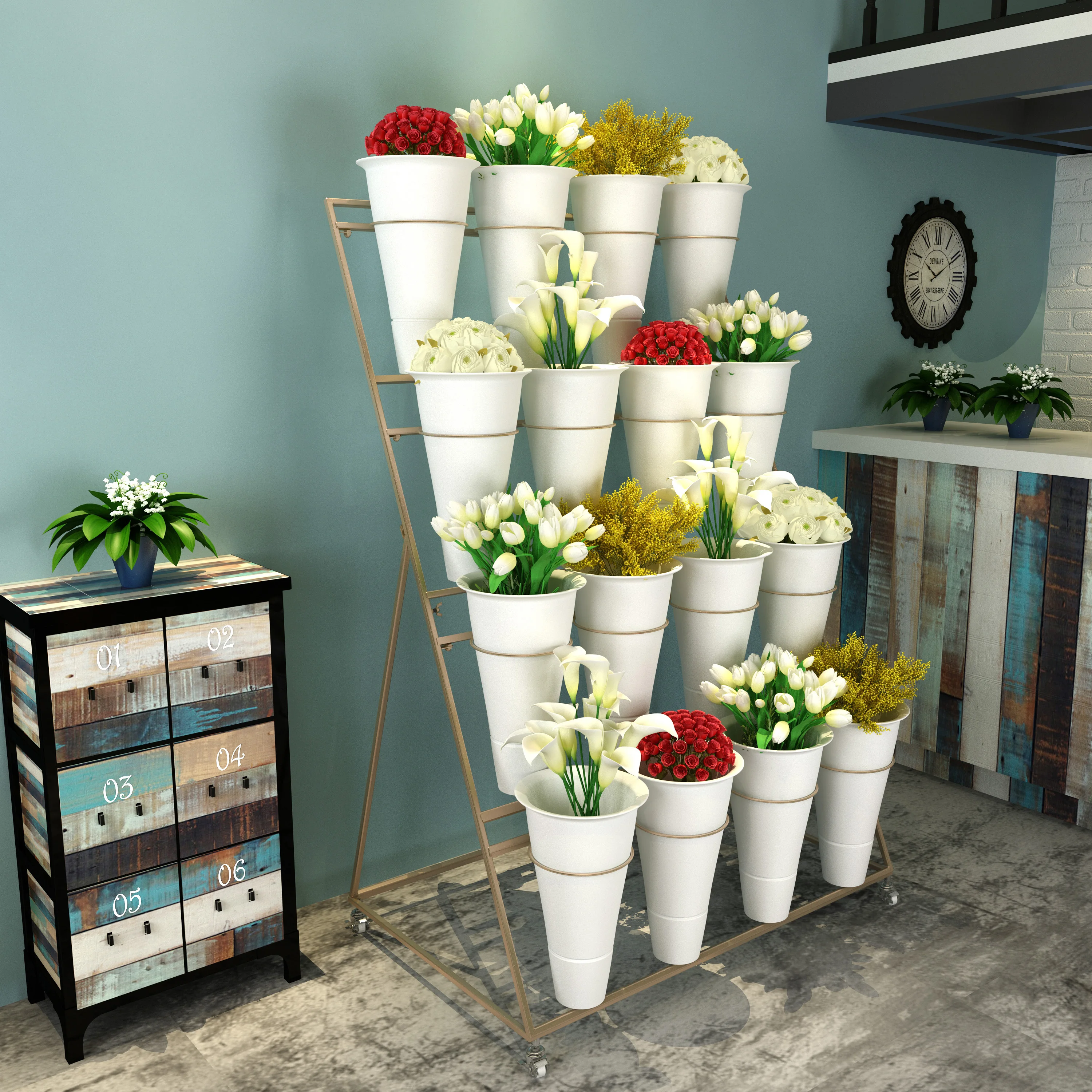 Hengyan Nordic gold large flower shop stand removable wrought iron multi-layer display stand plastic flower bucket
Hengyan Nordic gold large flower shop stand removable wrought iron multi-layer display stand plastic flower bucket