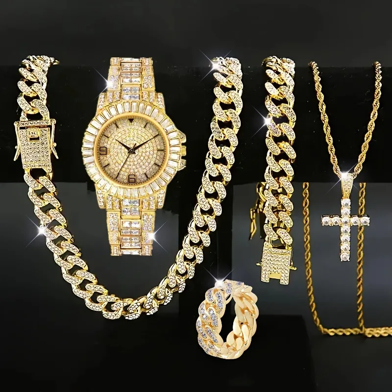 Men's Bling Jewelry Set: Gold Iced Out Watch + Cuban Link Chain + Bracelets + Cross Pendant Necklace + Ring, 5Pcs Hip Hop Set
Men's Bling Jewelry Set: Gold Iced Out Watch + Cuban Link Chain + Bracelets + Cross Pendant Necklace + Ring, 5Pcs Hip Hop Set