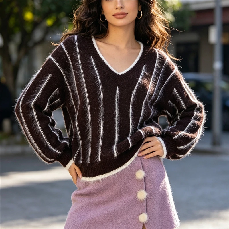 Fluffy Rabbit Hair Sweater Women Brown White Striped V-Neck Long Sleeve Loose Knit Pullover Autumn Winter Warm Casual Jumper Top
Fluffy Rabbit Hair Sweater Women Brown White Striped V-Neck Long Sleeve Loose Knit Pullover Autumn Winter Warm Casual Jumper Top