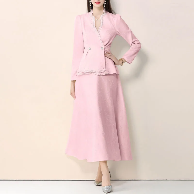 Костюм с юбкой для женщин, модный костюм с длинным рукавом и воротником-стойкой, женский костюм с юбкой трапециевидной формы с бисером, женский комплект из двух предметов Q2881
Костюм с юбкой для женщин, модный костюм с длинным рукавом и воротником-стойкой, женский костюм с юбкой трапециевидной формы с бисером, женский комплект из двух предметов Q2881