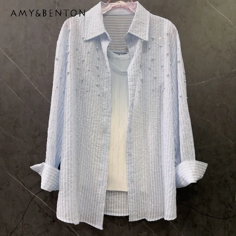 Trend Brand Diamond Drills Pearl Stripe Long Sleeves Shirt Cool Loose Casual Fashion Thin Blouse Y2k Clothes 2 Colors Available
Trend Brand Diamond Drills Pearl Stripe Long Sleeves Shirt Cool Loose Casual Fashion Thin Blouse Y2k Clothes 2 Colors Available