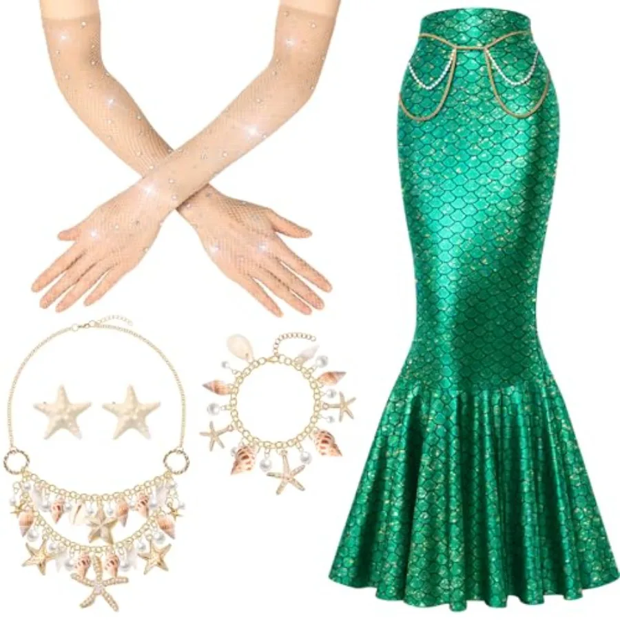 Quelay 6 Pcs Women's Mermaid Costume Halloween Sequin Skirt Starfish Hair Clip Shell Necklace Bracelet Gloves Set for Cosplay
Quelay 6 Pcs Women's Mermaid Costume Halloween Sequin Skirt Starfish Hair Clip Shell Necklace Bracelet Gloves Set for Cosplay