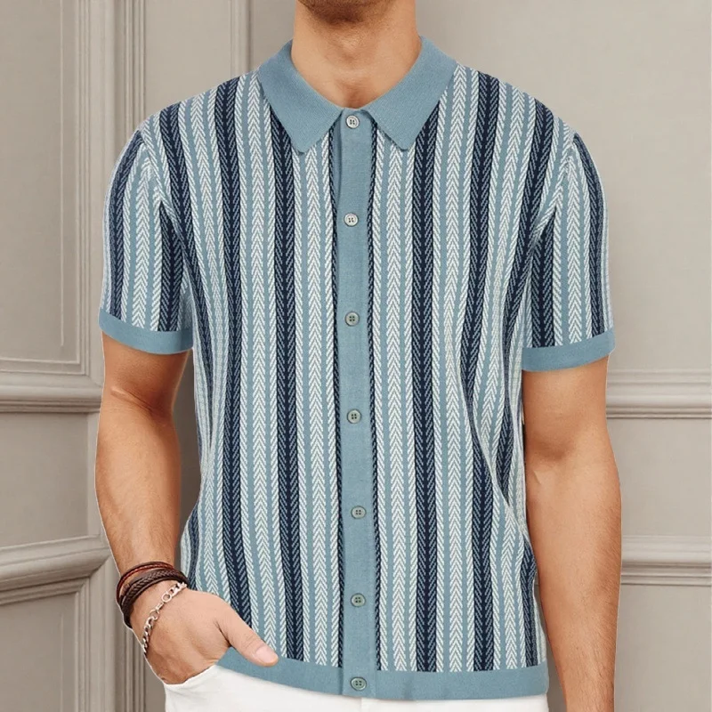 Men's clothing_Summer new striped jacquard knitted polo shirt_Short-sleeved cardigan knitted top
Men's clothing_Summer new striped jacquard knitted polo shirt_Short-sleeved cardigan knitted top