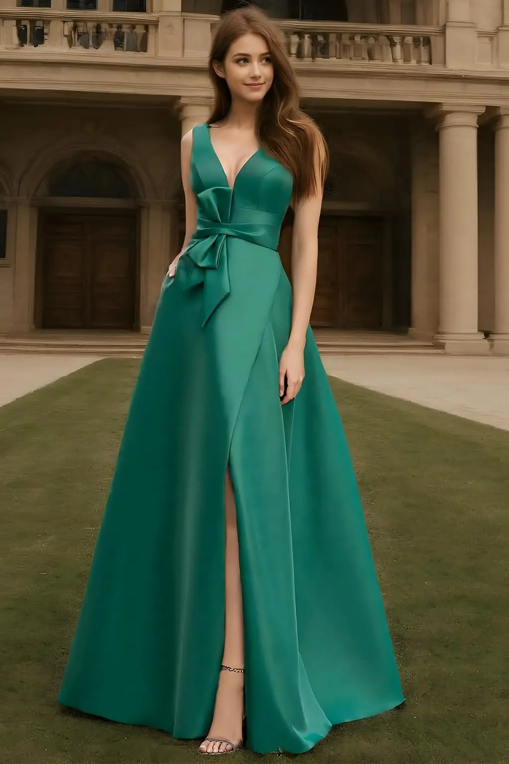 A Line Elegant V Neck Evening Dress Floor Length Sleeveless Satin Prom Dress with Bow Sash
A Line Elegant V Neck Evening Dress Floor Length Sleeveless Satin Prom Dress with Bow Sash