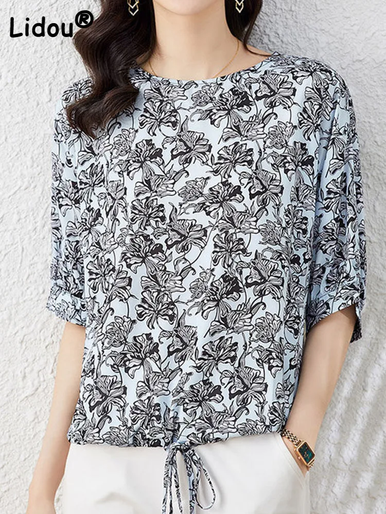 Summer Drawstring Half Sleeve Chiffon Loose Floral Print Shirt O-Neck All-match Top Commute Oversized Fashion Woman Blouses 2022
Summer Drawstring Half Sleeve Chiffon Loose Floral Print Shirt O-Neck All-match Top Commute Oversized Fashion Woman Blouses 2022