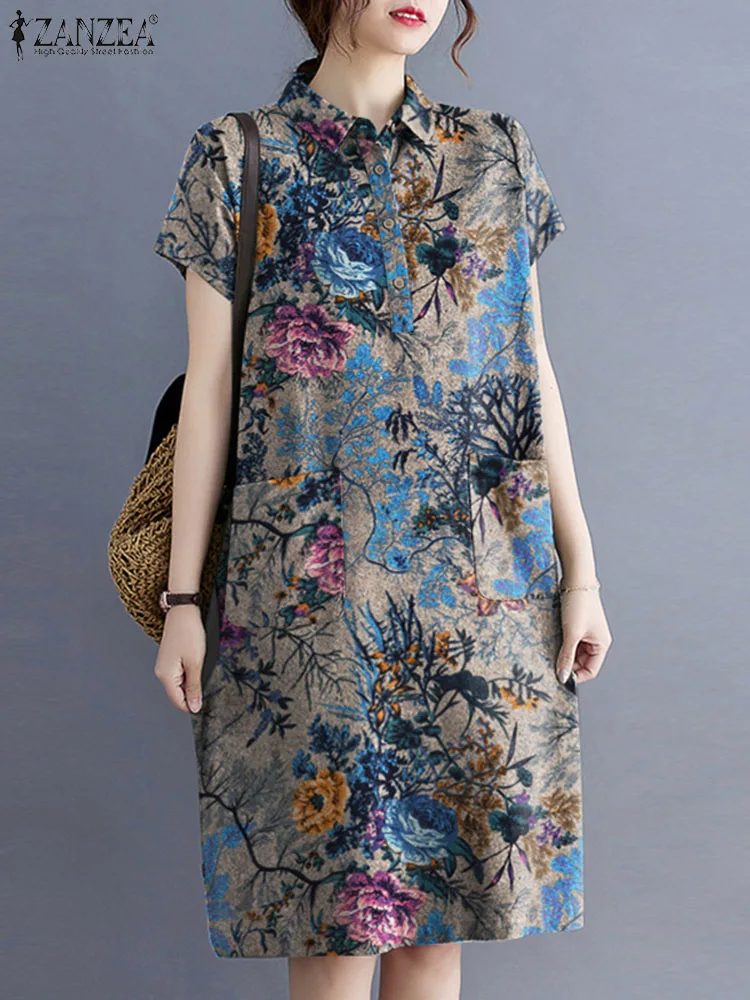 Платье ZANZEA женское летнее с цветочным принтом, винтажный Повседневный Сарафан с коротким рукавом, с воротником с лацканами, праздничная одежда для работы
Платье ZANZEA женское летнее с цветочным принтом, винтажный Повседневный Сарафан с коротким рукавом, с воротником с лацканами, праздничная одежда для работы