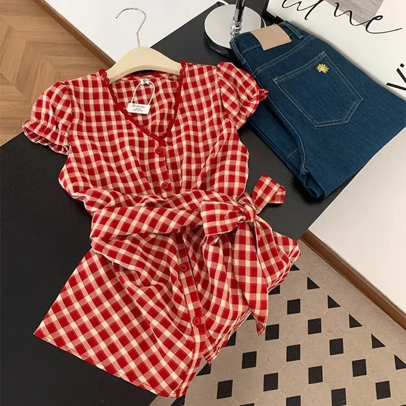 French Sweet Plaid Short Sleeve Shirt Women Summer Bow Tie Waist Slimming Cropped Top
French Sweet Plaid Short Sleeve Shirt Women Summer Bow Tie Waist Slimming Cropped Top