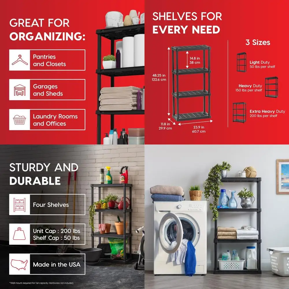 Легкий пластиковый стеллаж с 4 полками, грузоподъемность 90 кг, 122x61x30 см, идеально подходит для дома, прачечной, гаража - черный
Легкий пластиковый стеллаж с 4 полками, грузоподъемность 90 кг, 122x61x30 см, идеально подходит для дома, прачечной, гаража - черный