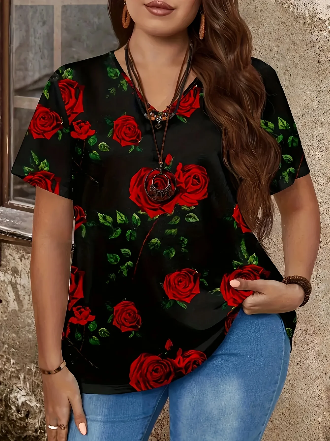 Женский элегантный топ больших размеров с v-образным вырезом и розовым принтом, весенне-летняя повседневная свободная эластичная футболка с короткими рукавами
Женский элегантный топ больших размеров с v-образным вырезом и розовым принтом, весенне-летняя повседневная свободная эластичная футболка с короткими рукавами