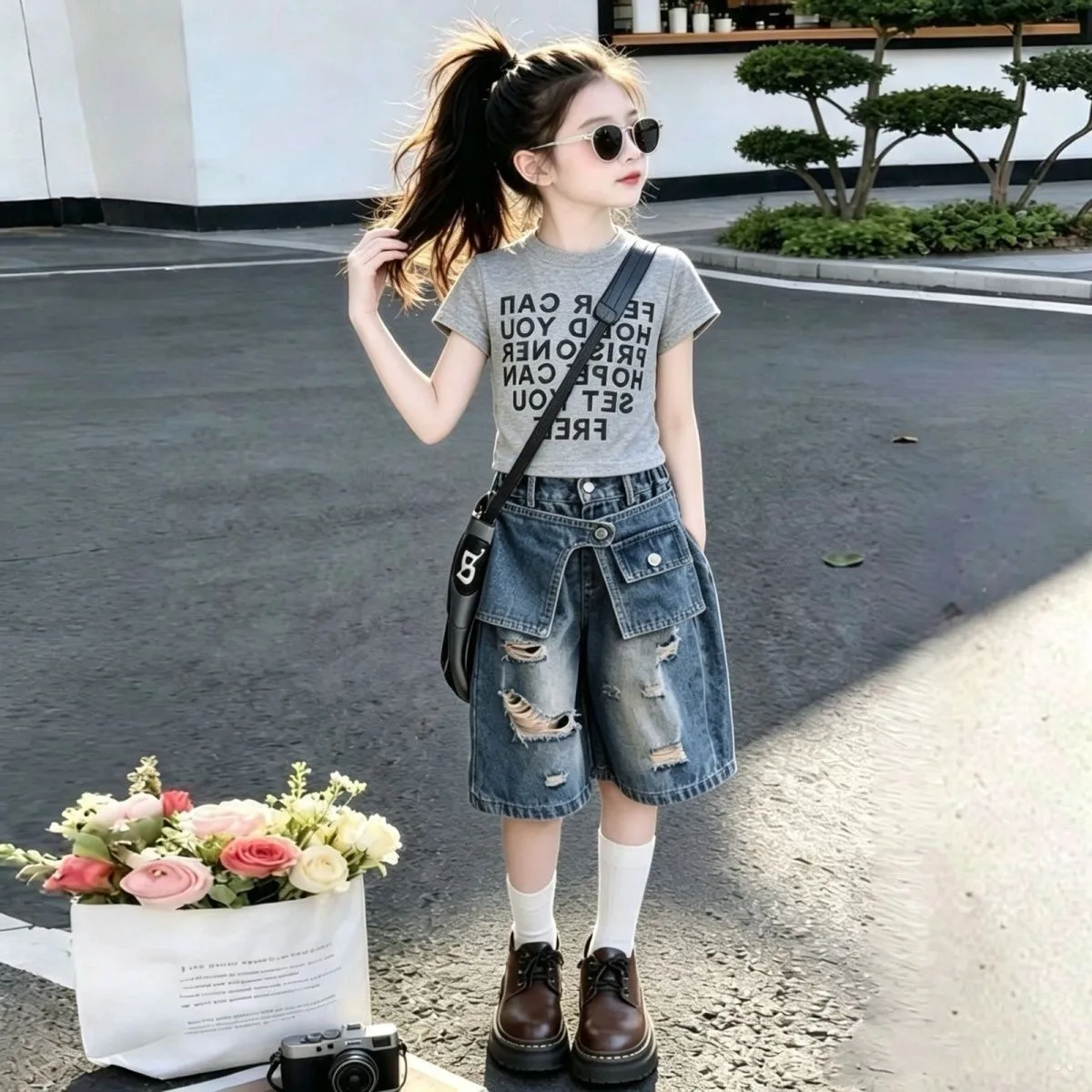 Girls Summer Outfit Large Children's Short Sleeve T-shirt And Pierced Deinm Midpants Two-Piece Set 4 6 8 10 12 15Y
Girls Summer Outfit Large Children's Short Sleeve T-shirt And Pierced Deinm Midpants Two-Piece Set 4 6 8 10 12 15Y