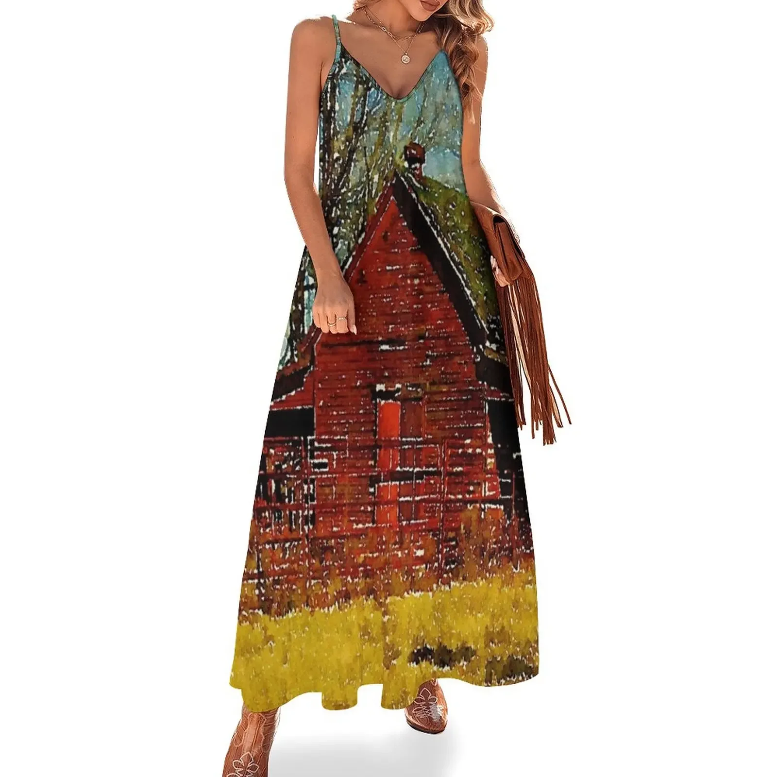 Watercolor Autumn landscape Primitive western country red barn Sleeveless Dress Clothing female Bride dresses
Watercolor Autumn landscape Primitive western country red barn Sleeveless Dress Clothing female Bride dresses
