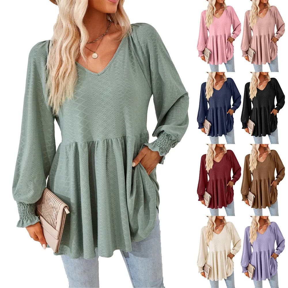 Women's Shirt Autumn and Winter New Solid Color Patchwork V-neck Jacquard Long Sleeved Loose T-shirt Top for Ladies
Women's Shirt Autumn and Winter New Solid Color Patchwork V-neck Jacquard Long Sleeved Loose T-shirt Top for Ladies