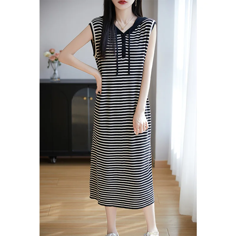 Knitted Hooded Casual Dresses Summer Women's Stripe Knit Long Dress Loose Short Sleeve Casual Holiday Dress Comfortable Dress
Knitted Hooded Casual Dresses Summer Women's Stripe Knit Long Dress Loose Short Sleeve Casual Holiday Dress Comfortable Dress
