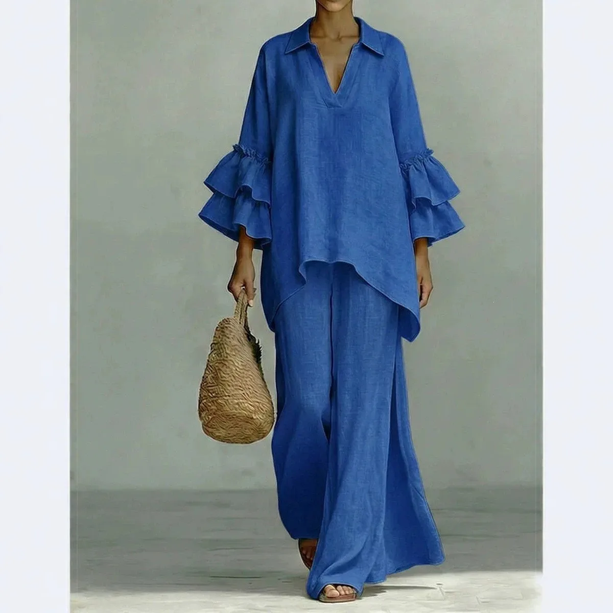 Summer Suit Women Sets Wide Leg Two Piece Trousers V Neck Oversized Long Pants Solid Seven Quarter Casual Pants Boho Style
Summer Suit Women Sets Wide Leg Two Piece Trousers V Neck Oversized Long Pants Solid Seven Quarter Casual Pants Boho Style