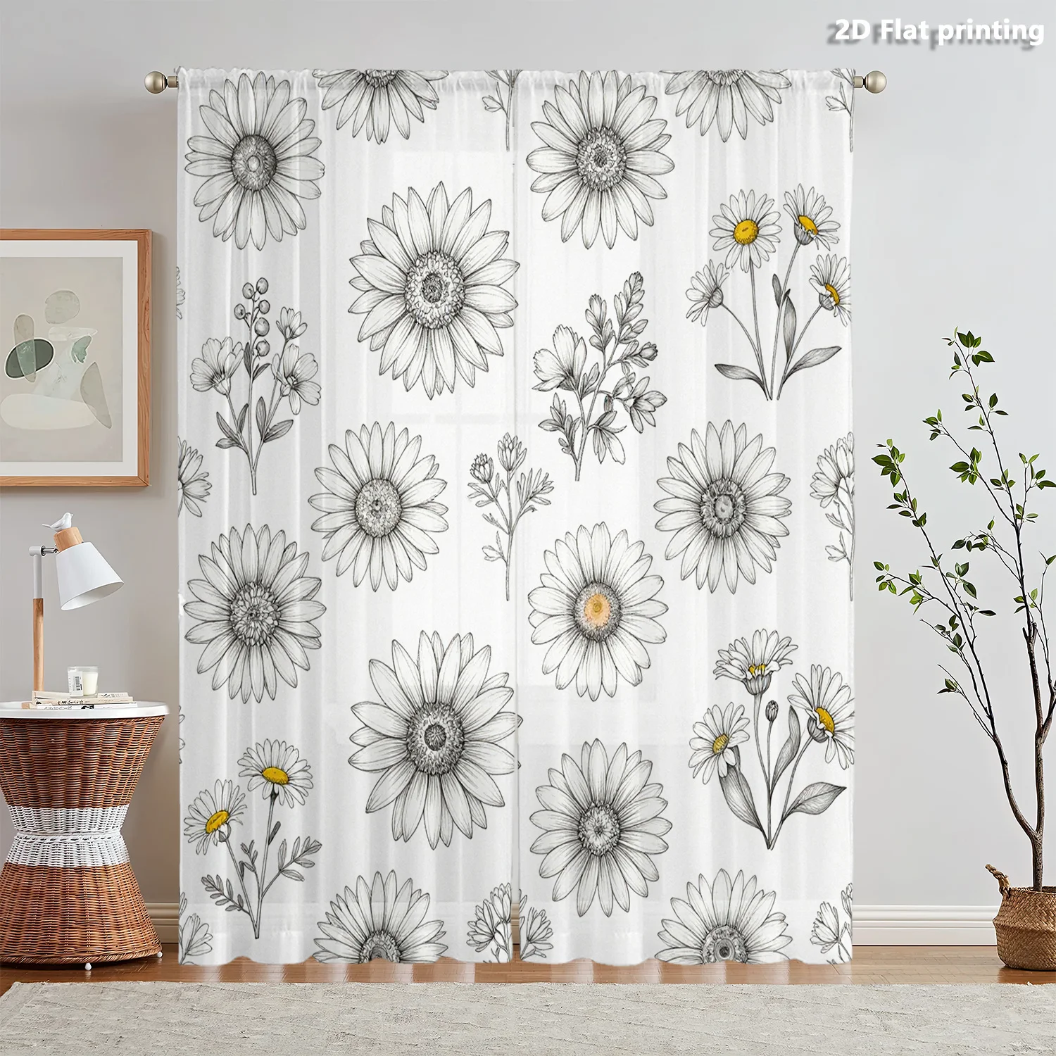 2D FLAT 2pcs Sheer Curtains Daisy Floral Sketch Pattern Print Rod Pocket Window Drapes, Filtering Panels for Bedroom Living Room
2D FLAT 2pcs Sheer Curtains Daisy Floral Sketch Pattern Print Rod Pocket Window Drapes, Filtering Panels for Bedroom Living Room
