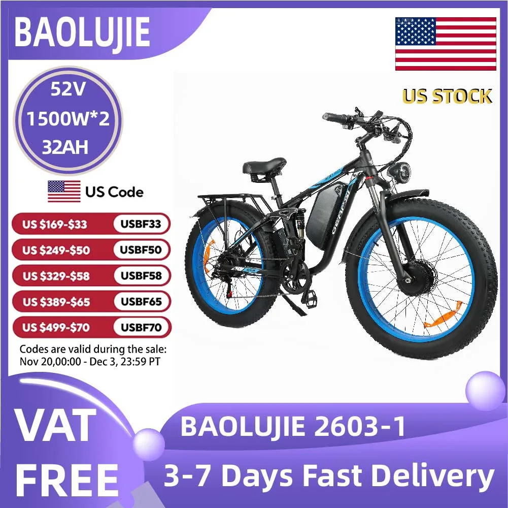 BAOLUJIE 2603 Electric bicycle 26inch tireall terrain E-bike 3000W Motor 48V25Ah-52V32Ah battery City Commuter Electric Bike
BAOLUJIE 2603 Electric bicycle 26inch tireall terrain E-bike 3000W Motor 48V25Ah-52V32Ah battery City Commuter Electric Bike