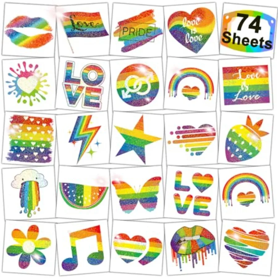 Glitter Rainbow Temporary Tattoos - 74 Individually Sheets Glitter Pride Tattoos Heart Lips Love Rainbow Tattoos for Pride Fest
Glitter Rainbow Temporary Tattoos - 74 Individually Sheets Glitter Pride Tattoos Heart Lips Love Rainbow Tattoos for Pride Fest