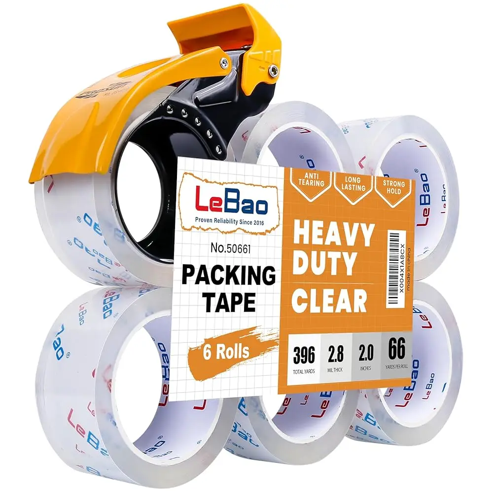 Heavy-Duty Packaging Tape with Dispenser, 6 Rolls Packing Tape, 2 inch x 66 yd. x 2.8 mil per roll, Strong Adhesive HD Clear
Heavy-Duty Packaging Tape with Dispenser, 6 Rolls Packing Tape, 2 inch x 66 yd. x 2.8 mil per roll, Strong Adhesive HD Clear
