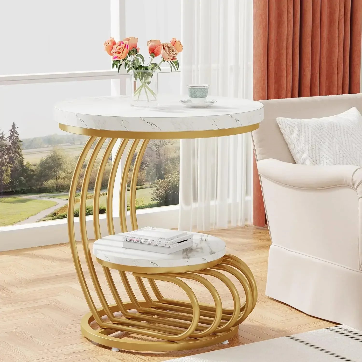 Gold Round End Table, 2 Tiers Faux Marble Side Table with Storage Shelf, White Gold Bedside Nightstand, Metal Arc-Shaped Frame
Gold Round End Table, 2 Tiers Faux Marble Side Table with Storage Shelf, White Gold Bedside Nightstand, Metal Arc-Shaped Frame